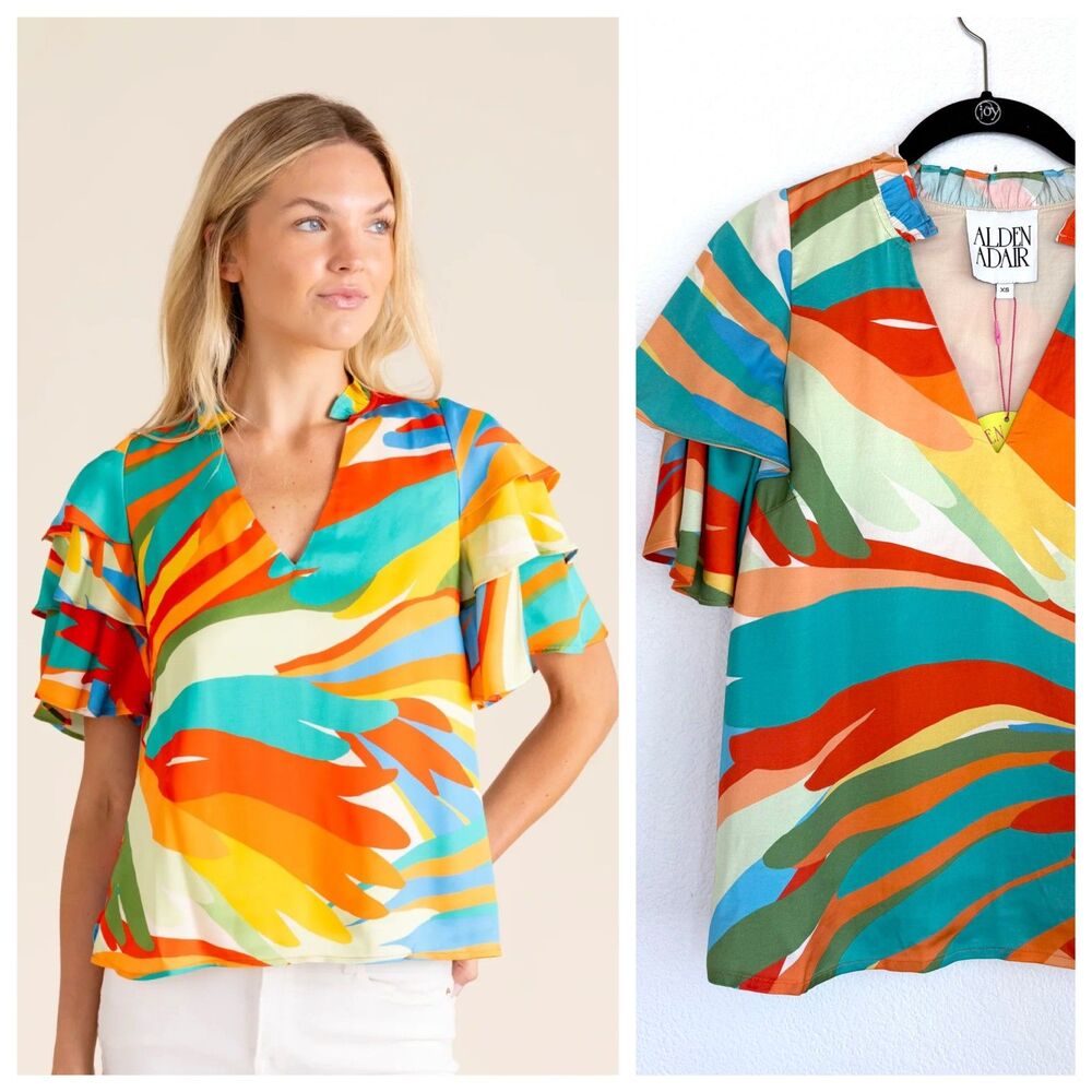 NWT Alden Adair Sandra Tiered Ruffle Sleeve V-Neck Top in Agave Multicolor XS